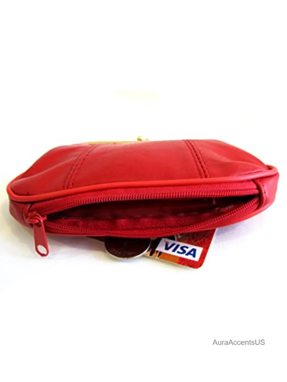Genuine Leather Mini Wallet Frame Coin Purse with Zipper Closure